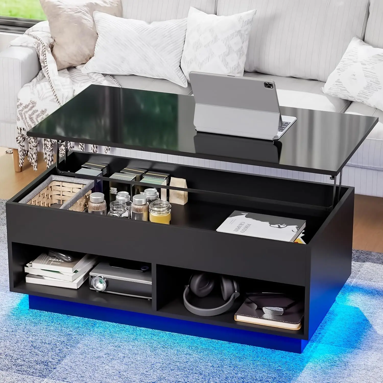 40" Modern LED Coffee Table with Storage for Living Room, Lift Top Coffee Table with 2 Shelves, High Glossy Wooden Dining Table