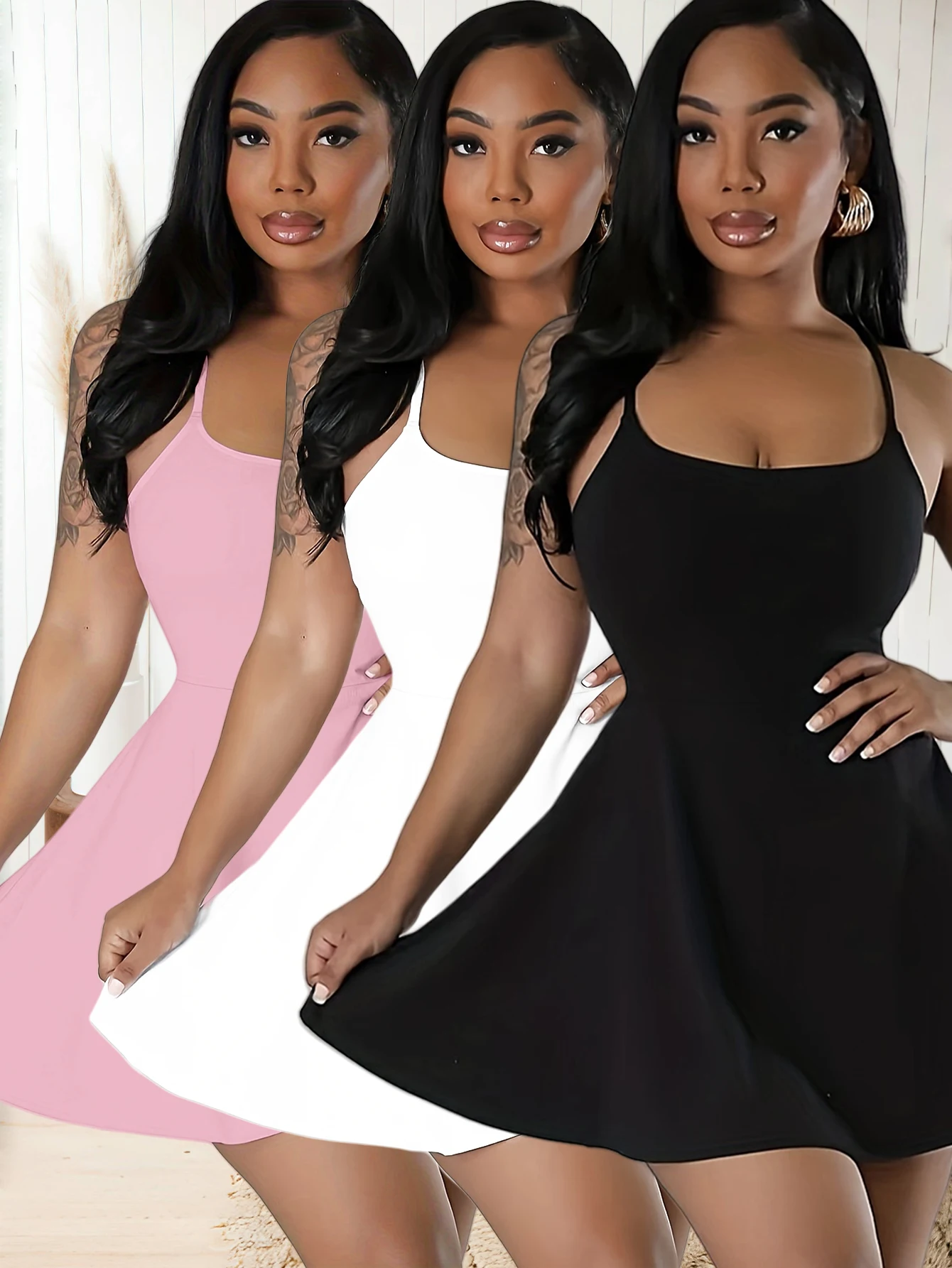 Yeni moda düz renk sırtı açık omuzları açık kadın elbise üçlü seti