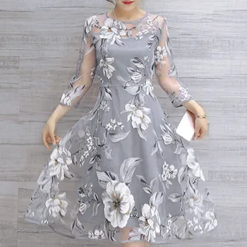 Floral Print Party Dress Summer Wedding Cocktail Prom Gown Elegant Women's Dresses Long Sleeve Mesh Midi Dress Female Vestidos 1