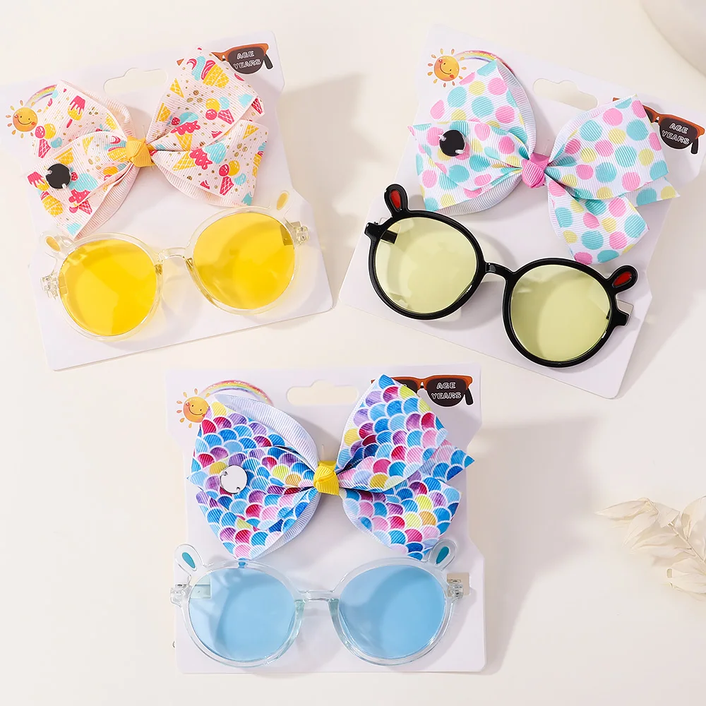 2Pcs/Pack Kids Bows Hairpin Geometry Cartoon Sunglasses Children Protection Glasses Baby Seaside Vacation Girls Hair Accessories 1pcs baby sunglasses fashion retro outdoor flowers kids children cartoon sun glasses frame girls boys protection uv400 eyewear