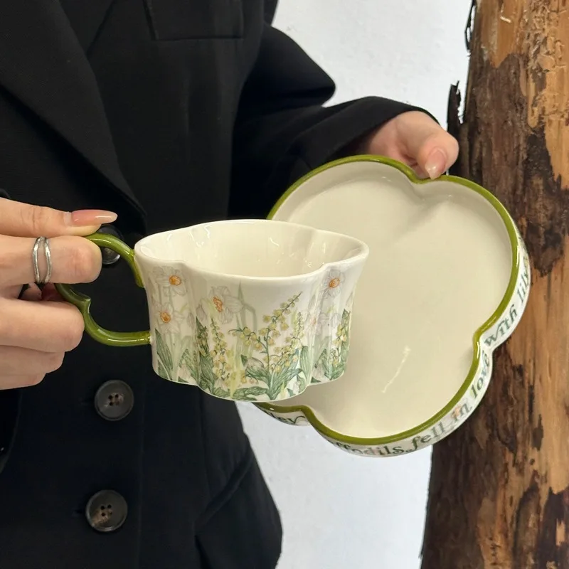 Luxury Unique Ceramic Coffee Mug - Oil Painting Clover Windbell Flower, Elegant Cup Saucer Gift for Women Elegant Ceramic Mug