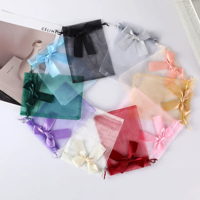 10PCS Sweet Bowknot Organza Mesh Bags Wedding Candy Gifts Storage Bag Pouches Earring Jewelry Packaging Bag