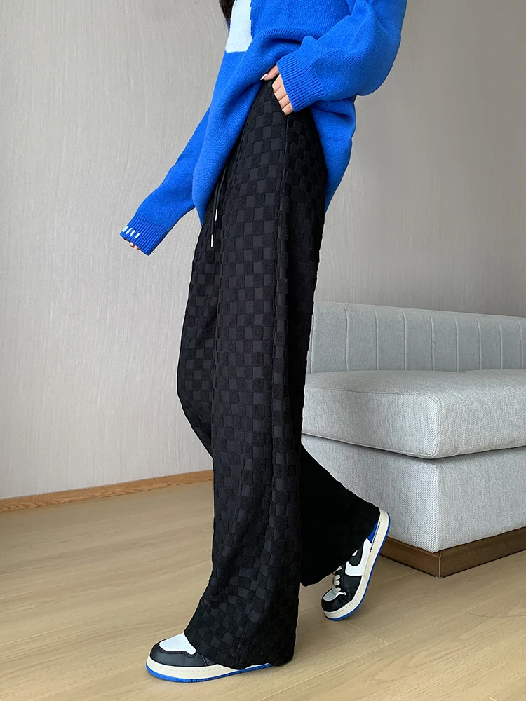 QOERLIN Thicken Check Pants Women High Waist Korean Fashion Elastic Waist Trousers Female Loose Casual Wide Leg Pants 2023 New