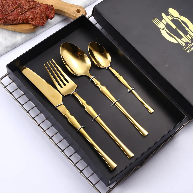 4PCS Stainless Steel Cutlery Small Waisted Set Golden Steak Gift Dinner Gold Spoon and Fork |