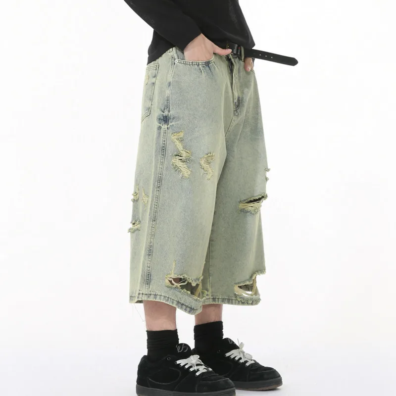 Men's summer new high street fashion trend light colored vintage vintage irregular hole wide leg denim cropped pants M7-D-N857