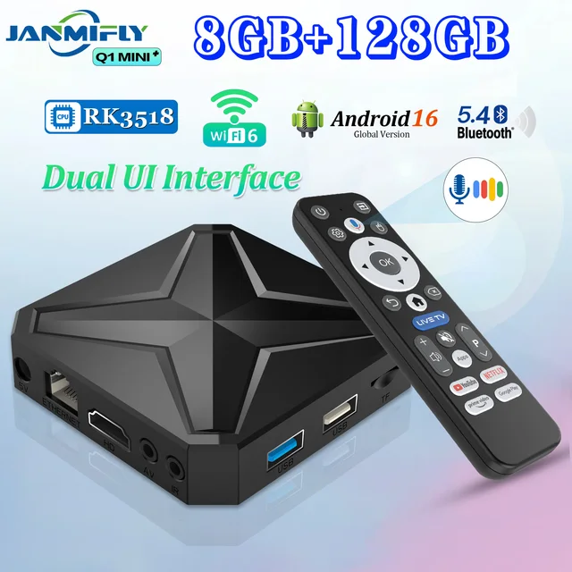 2026 Smart TV Box Q1 MINI+ Dual UI Interface 8GB 128GB 8K Ultra HD BT5.4 Dual Wifi 2.4G&5.8G RK3518 Streaming Media Player