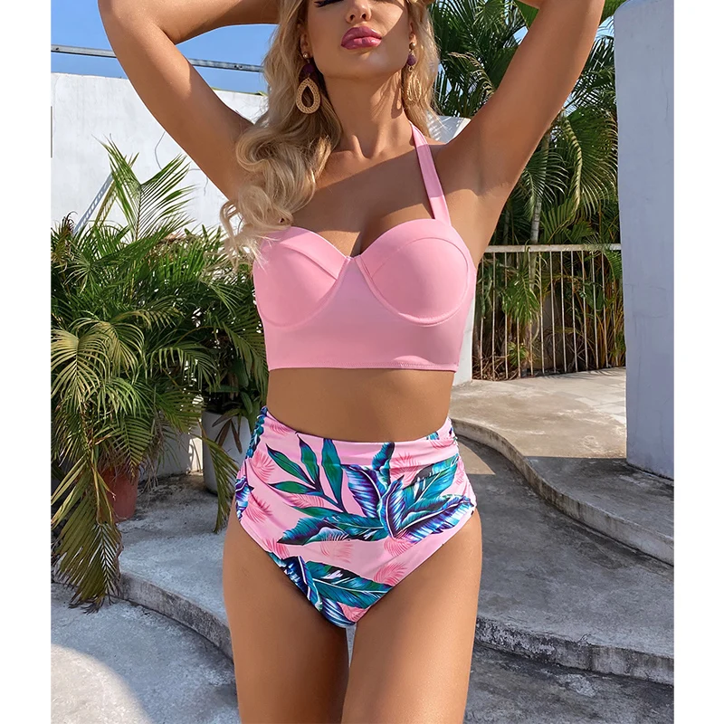 

2023 New High Waist Bikini Leaf Print Swimsuit Women Push Up Swimwear Female Halter Bathing Suit Vintage Swimming Suit Biquini