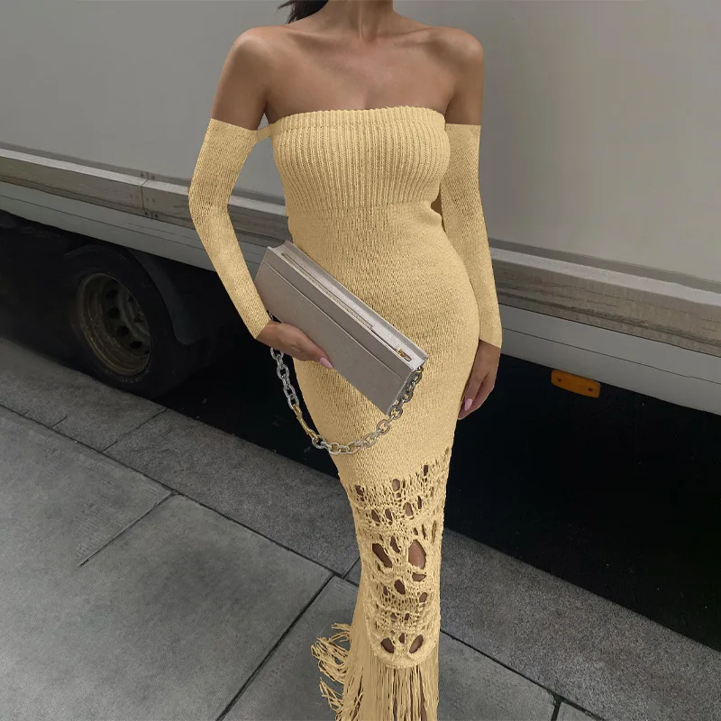 

Woman Off Shoulder Knitted Floor Length dress Hole tassel Long Sleeve Bodycon dress S-L 3Color