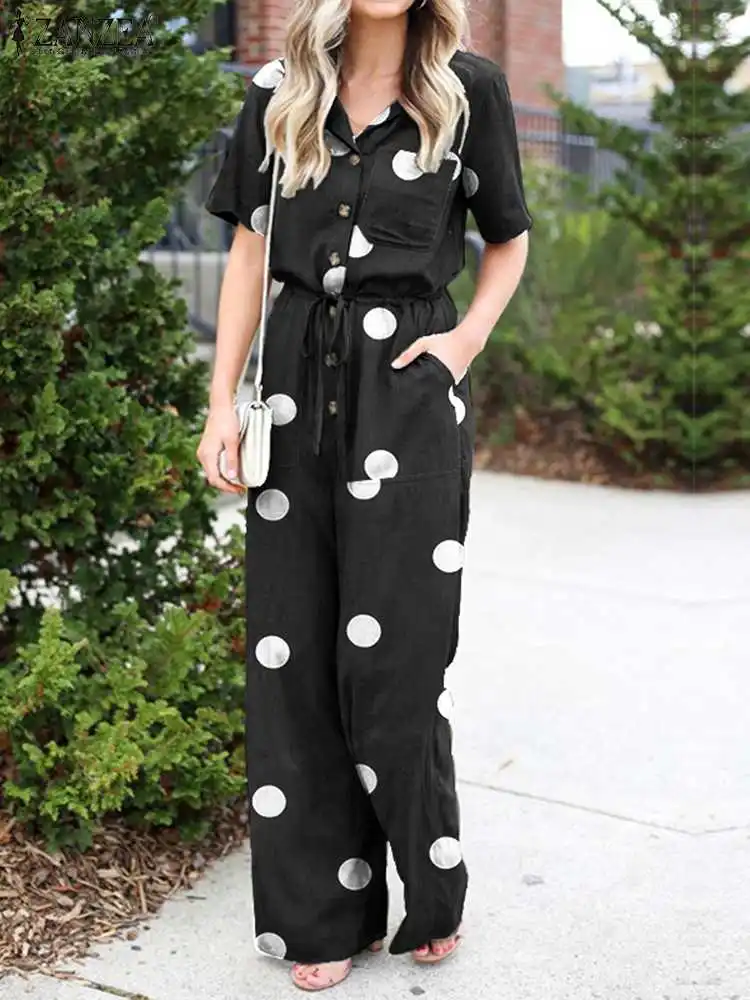 

ZANZEA Women Summer Polka Dot Printing Jumpsuit Short Sleeve Lapel Office OL Overalls Fashion Casual Oversized Holiday Romper
