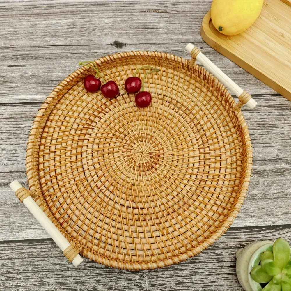 Multi-purpose Hand-made Rattan Tray Rattan Woven Anti-hot Insulation Tray Kitchen Camping Home Clothes Storage Fruit Basket 3