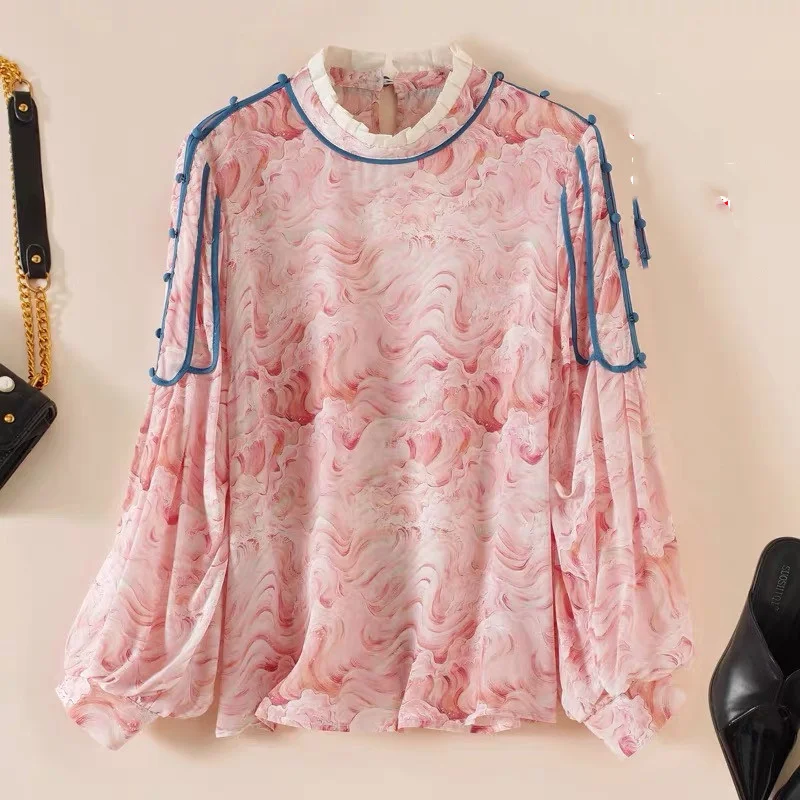 

New Women's Spring Autumn Spliced Lace Pullovers Stand Collar Printed Fashion Casual Loose Flare Sleeve Commuter Chiffon Tops