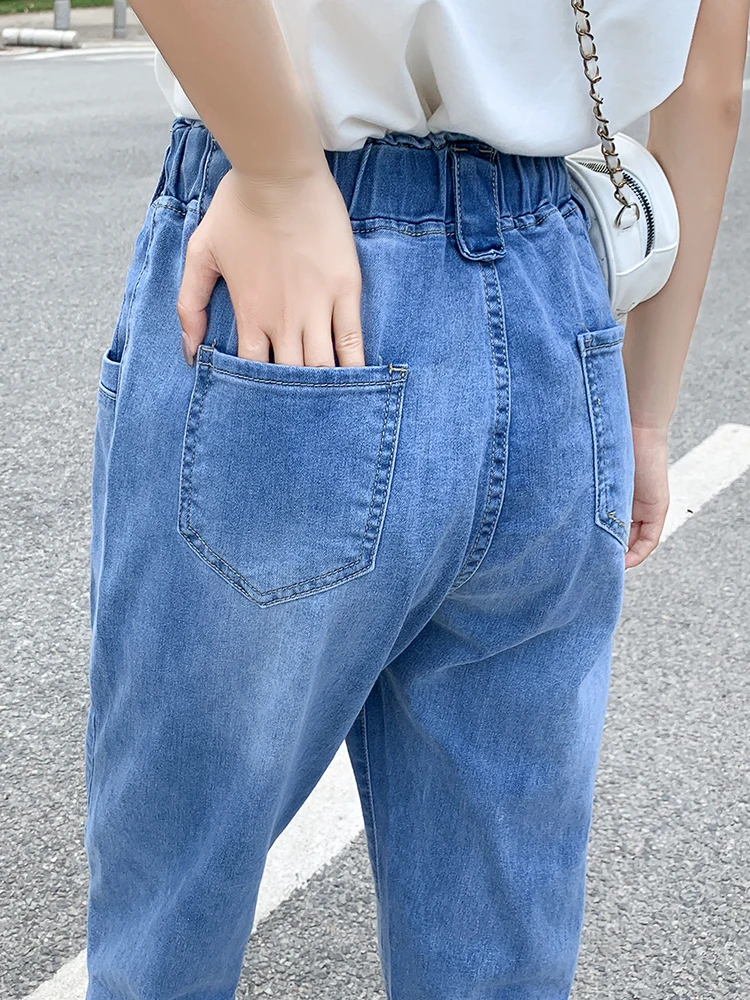 Women's Printed Jeans Korean Capris Straight Leg Pants Ladies Streetwear Vintage Chic 5XL Elastic Waist Denim Harem Trousers