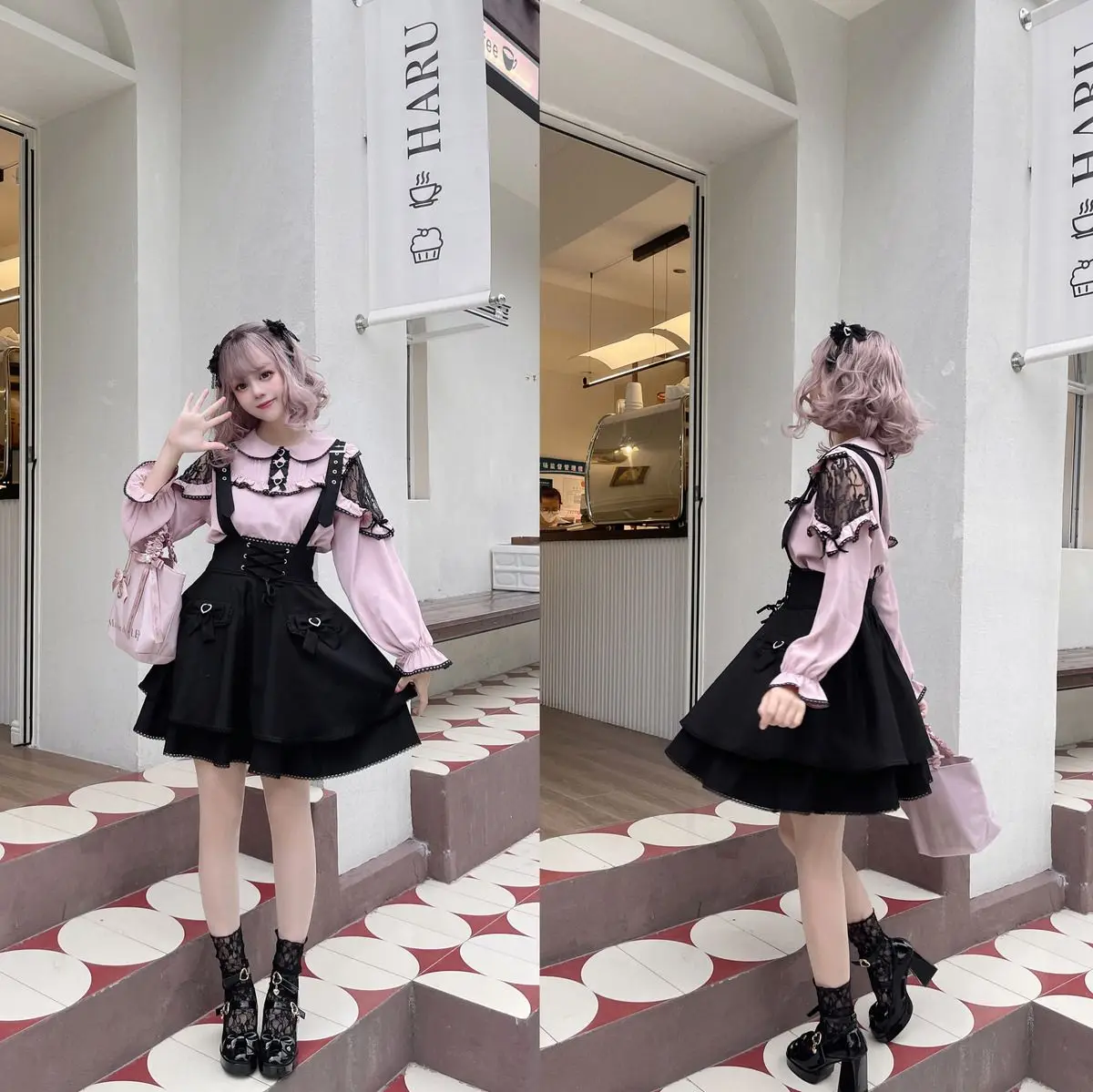 Japan Lolita Suspender Skirt Black Pink Bowknot Blouse Women Slim Japanese Aesthetic A-line Strap Skirt