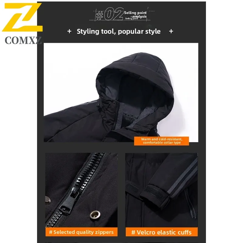 ​Men Down Cotton Jacket Winter American Style Warm Puffer Coat Thickened Fleece Lined Hooded Outerwear Cold Weather​ Windbreaker