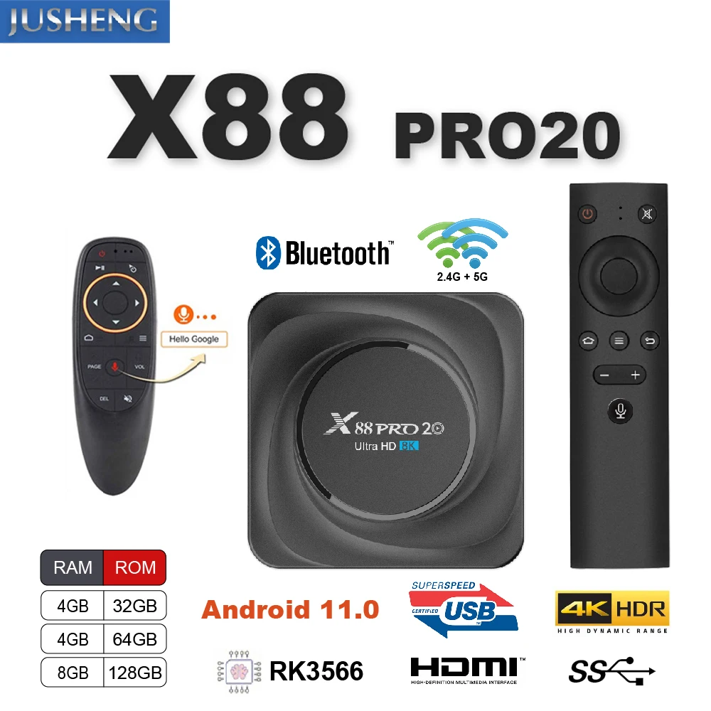

X88 PRO20 Android 11.0 Smart TV BOX 1000M 8K RK3566 Cortex-A55 Dual Wifi 2.4G/5G 4/8GB 32/64/128GB Support Stream Media Player