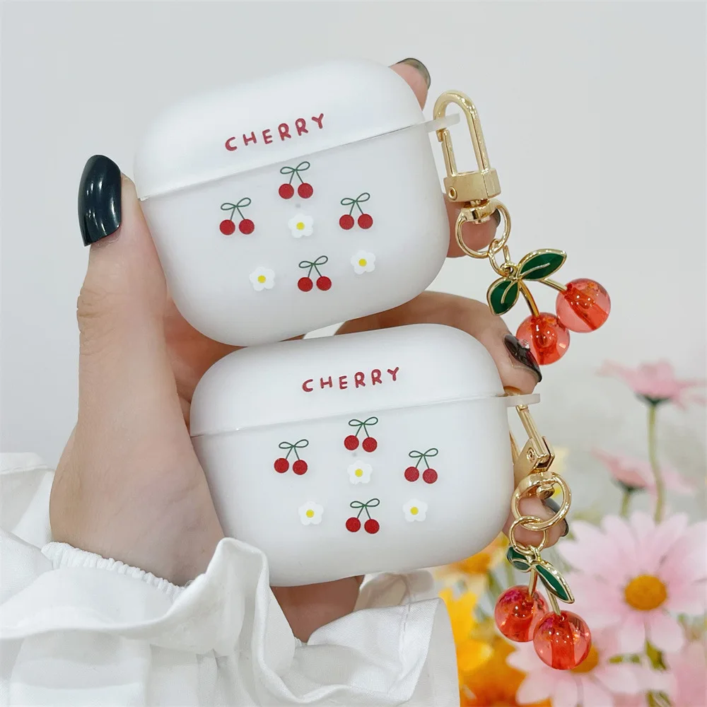 Case For Airpods Pro 2nd 4 Case Cute Luxury Crystal Cherry Pendant Matte Soft Earphone Cover for Apple AirPod 1/2/3 Wireless Box