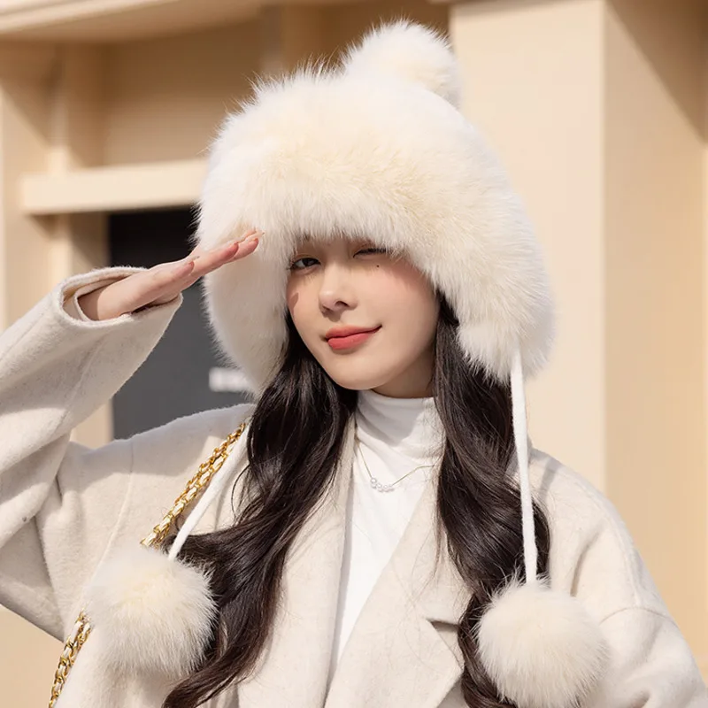 

Winter Real Fox Fur Hat For Women Winter Real Fur Lei Feng Hat Fashion Ear Protector Warm Hat Female Raccoon Fur Bomber Caps