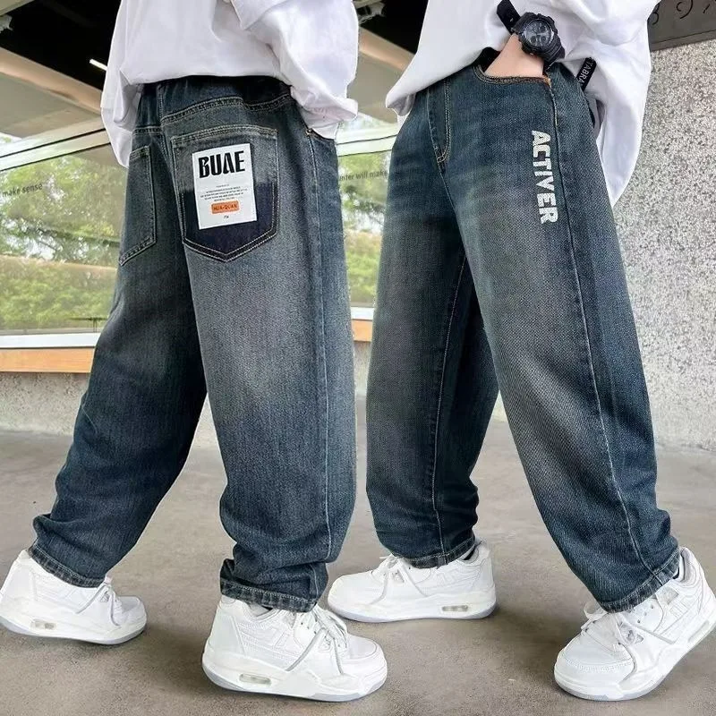 5-14Y Boys Jeans Pants Spring Kids Wide Leg Straight Trousers Autumn Loose-Fit Casual Trousers Children's Trendy Sweatpants - 2