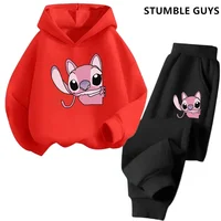 Cartoon Anime Stitch Children Hooded Sweatshirt+Pants Two-piece Set Boy Girl Autumn Winter Daily Outdoor Casual Warm Sportswear