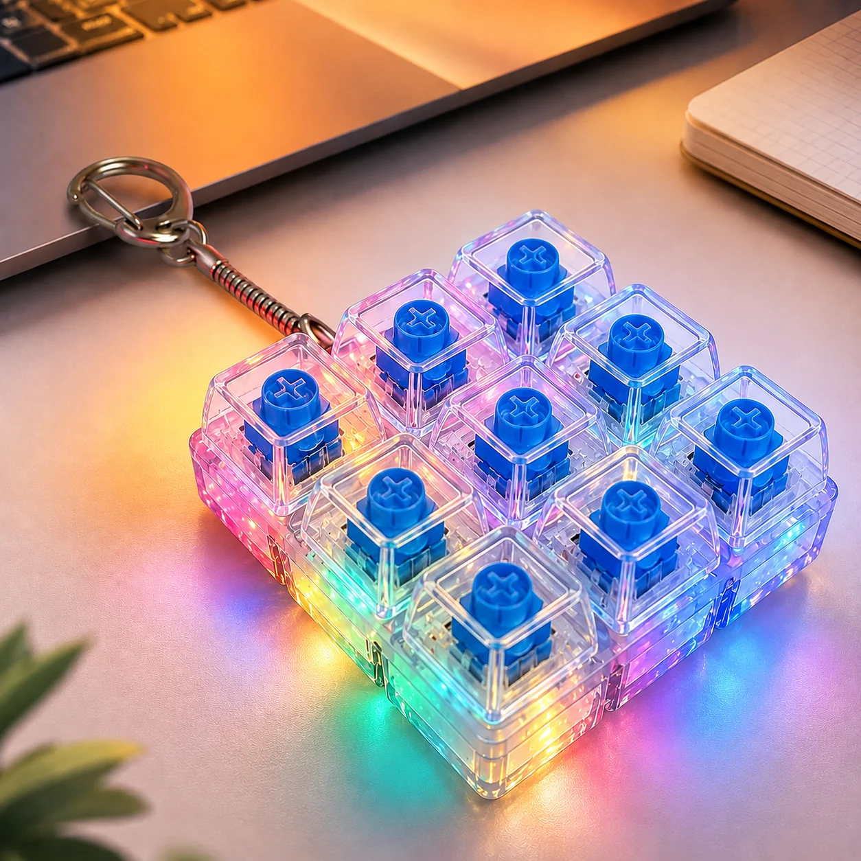 LED-Kristall-Tastatur-Tastenkappen-Fidget-Schlüsselanhänger, mechanischer Achsen-Klicker-Fingerspielzeug, tragbares Büro-Schreibtisch-Deko-Stressabbau-Spielzeug