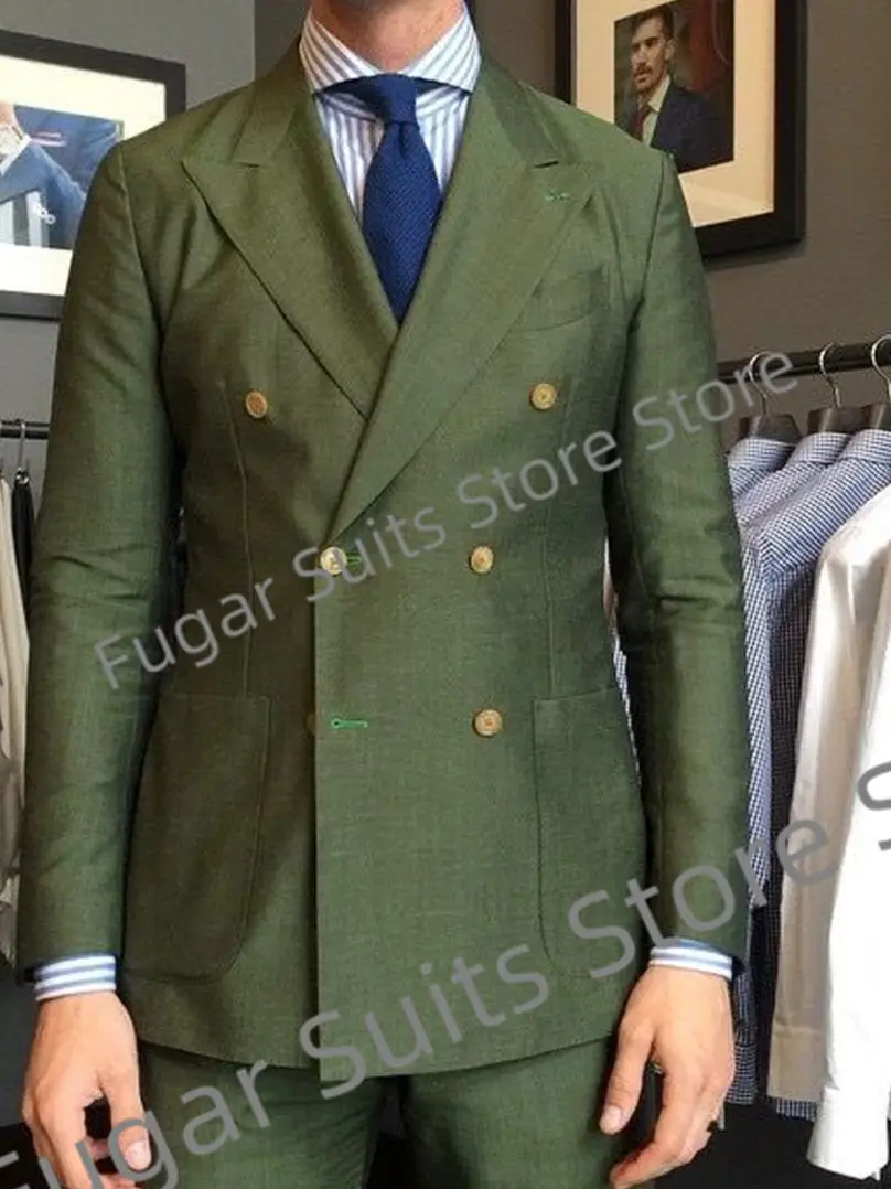 Fashion Army Green Wedding Men Suits Double Breasted Peak Lapel Groom Tuxedos 2 Pieces Sets Business Male Blazer Ternos Mascuion