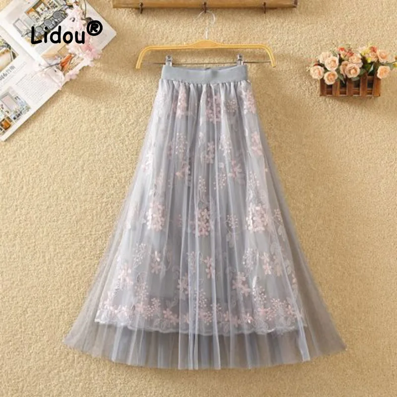 Mesh Halfbody Skirt for Women Spring/Summer 2023 New Embroidery High Waist Slim Korean Casual Fashion All-match A-line Skirt