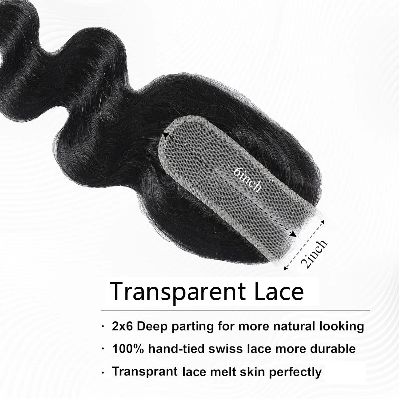 2x6 Lace Closure Body Wave Human Hair Pre-Plucked Hairline Brazilian Virgin Hair Soft Transparent Lace Closure For Women