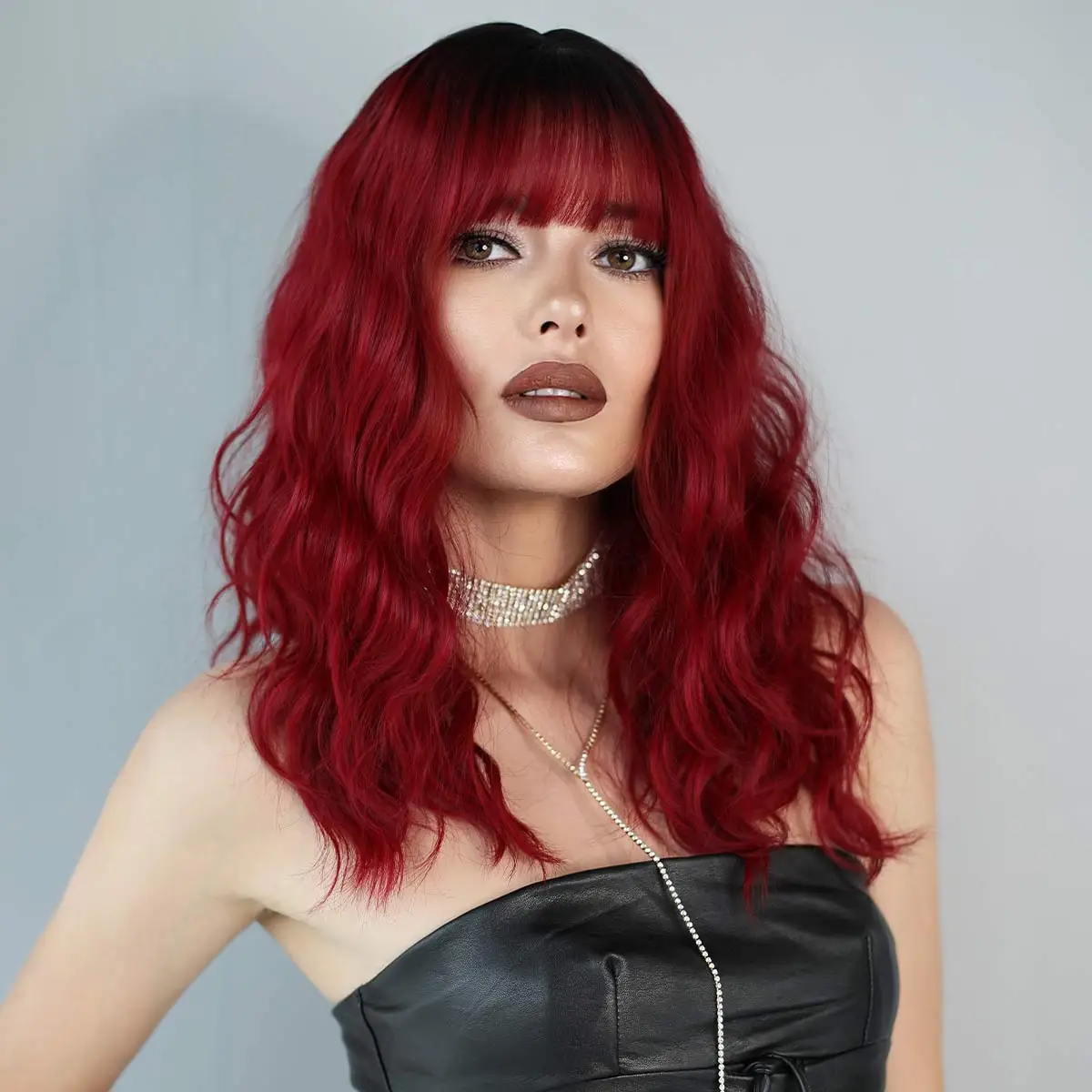 NAMM Synthetic Wig for Women with Bangs Halloween Cosplay Wig Water Wave Wine Red Hair Natural Heat Resistant Hair Wavy Wigs