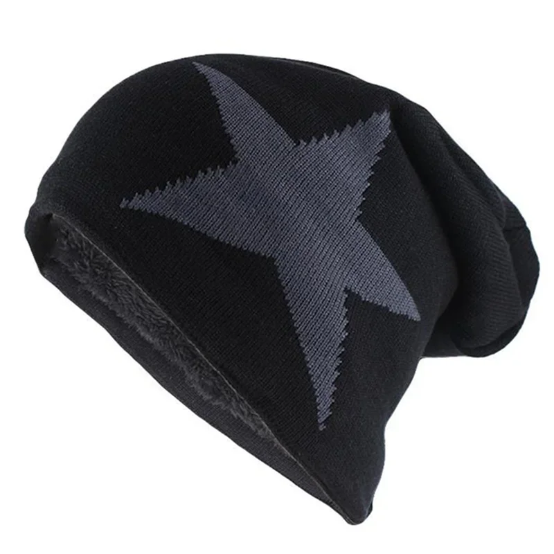 Unisex Slouchy Winter Hats Big Five Star Pattern Warm Hats For Men Women Plush Fur Lined  Fashion Ski Beanie Cap
