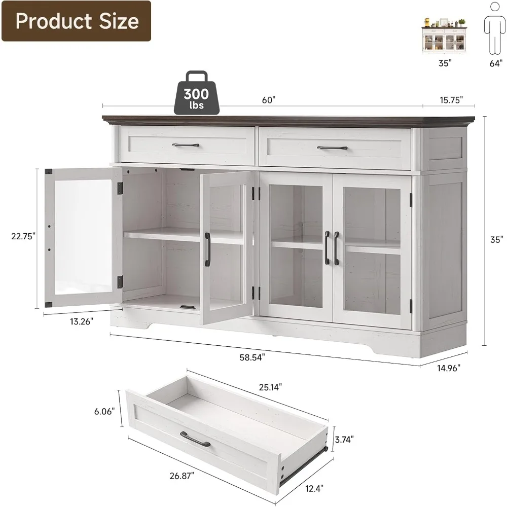 buffet cabinet with storage, 60" sideboard cabinet with 4 glass doors and 2 drawers, modern storage console with adjustable shel