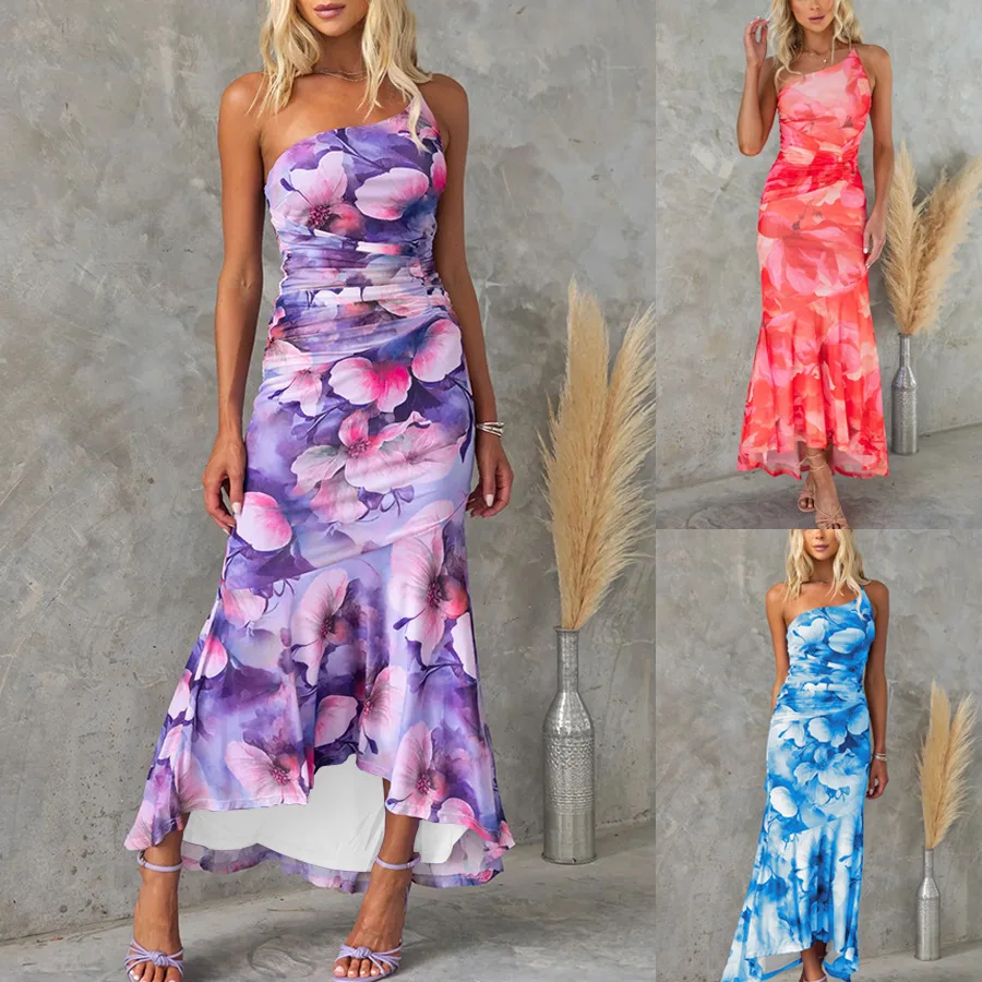 

Spring/summer new oblique shoulder print elastic inside dress casual dress woman