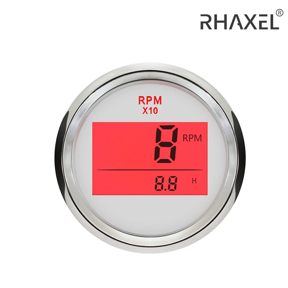 RHAXEL Waterproof Digital Tachometer RPM Gauge with Hour Meter 9990RPM 52mm 9 32V with Red