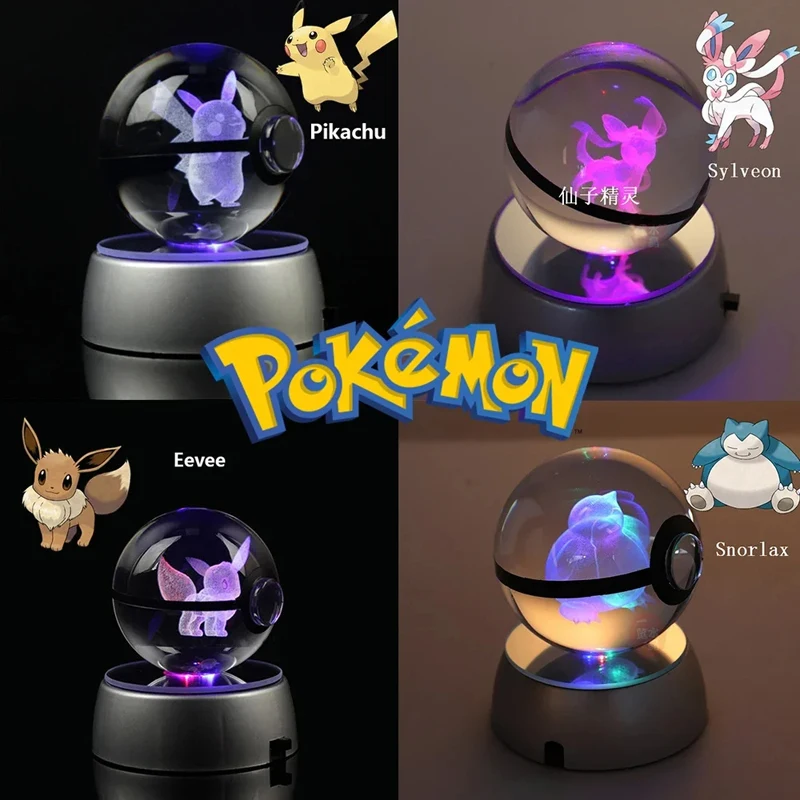 3D Pokemon Crystal Ball Mewtwo Pikachu Gengar Crystal Glass Pokemon Ball Pokeball Statue Figure Night Light Led Base Toy Gift
