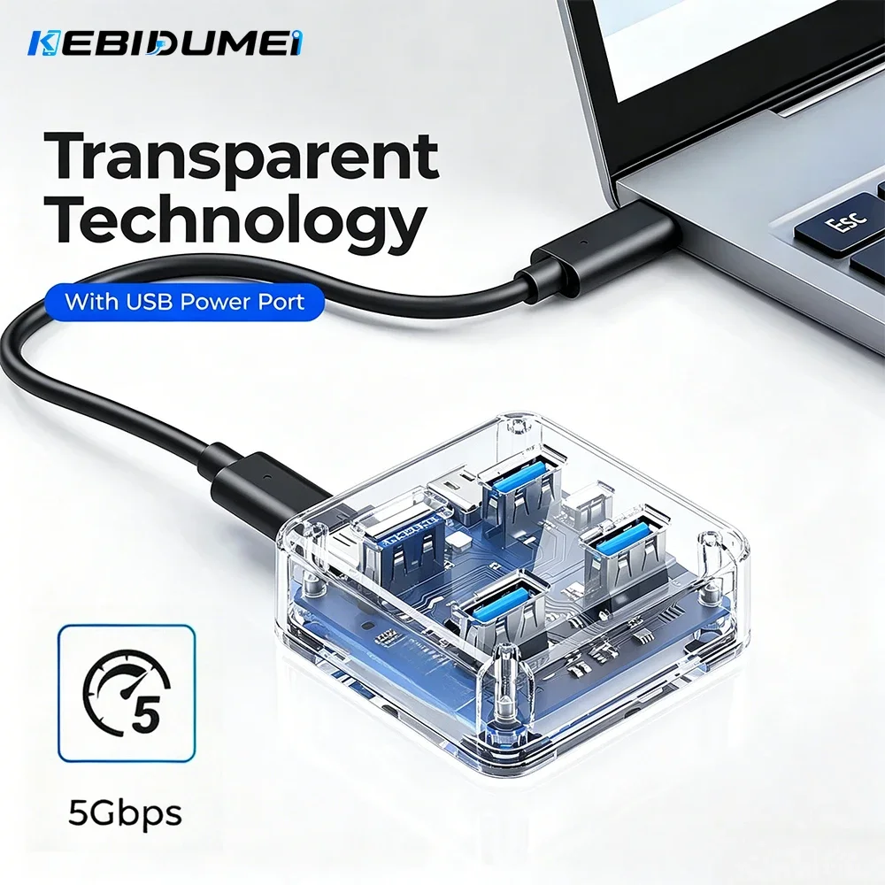 KEBIDUMEI רכזת USB שקופה USB 3.0 5Gbps מהירות גבוהה 4 יציאות הרחבה עם ספק כוח מתאם OTG למחשב נייד Macbook Pro