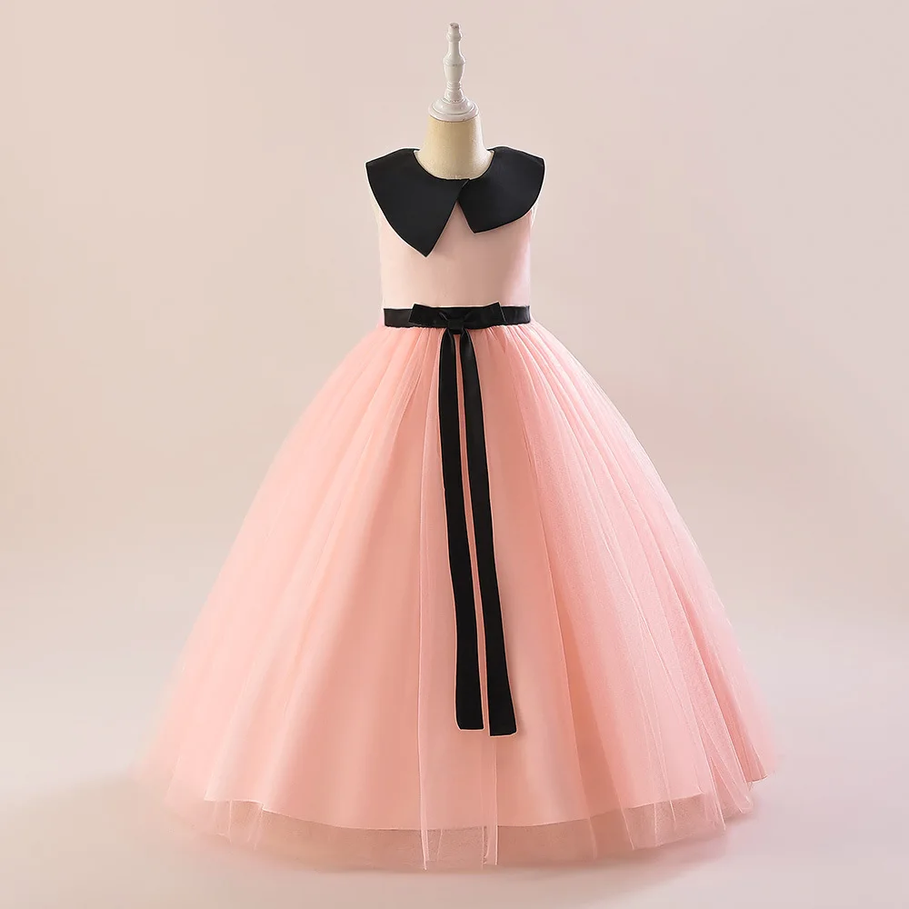 

A-Line Flower Girl Dresses for Wedding with Black Sash Sleeveless Floor-Length Tulle First Communion Dresses for 4-14 Y