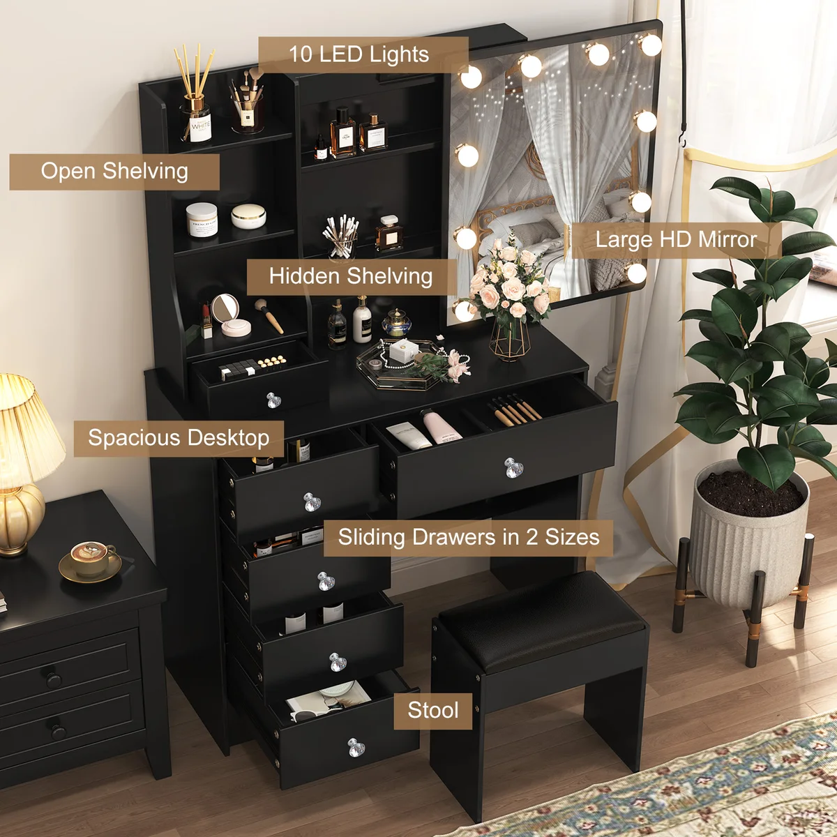Rustic wooden makeup vanity with lit mirror: three adjustable lights, drawers & storage shelves