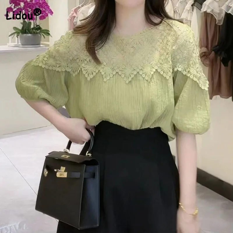Elegant-Fashion-Lace-Spliced-Short-Sleeve-Blouse-Female-Summer-Korean ...