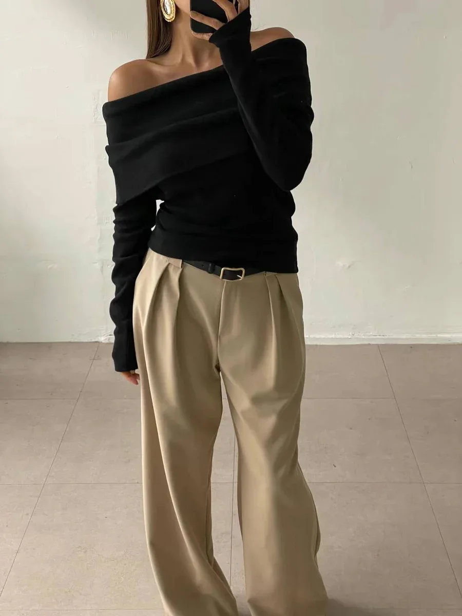 Sweater Knit Pullover Backless Women Slim Bandeau Solid Cropped Top Streetwear Off-Shoulder Elegant Autumn Knitwear Top