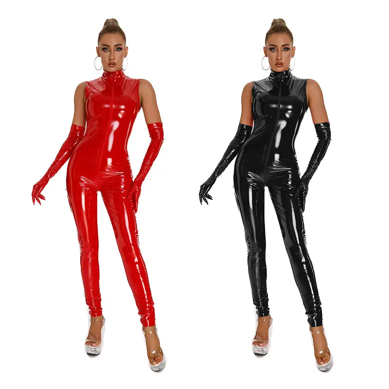 

Tight Shiny Wet Look Lingerie Leather PVC Catsuit Nightclub Sexy Erotic Jumpsuits Sexy Zipper Open Crotch Party Jumpsuits