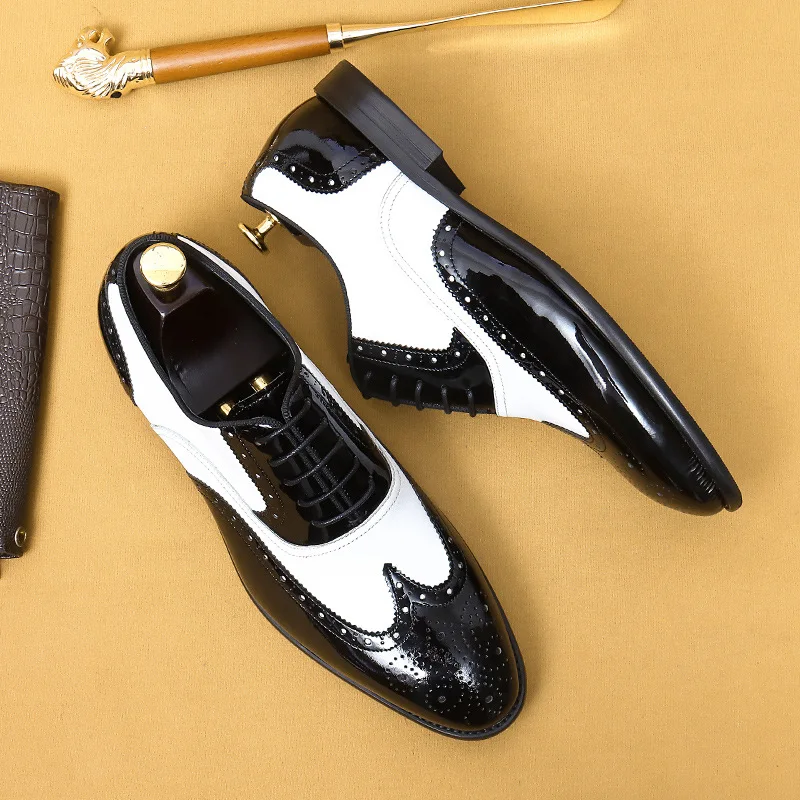 

Genuine Leather Men Dress Shoes Office Business Wedding Black Carving Luxury Formal Brogue Pointed Toe Lace Up Oxfords Mens Shoe