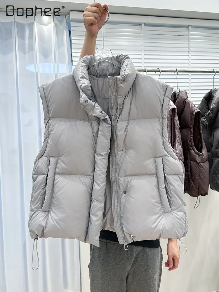Loose 90 White Duck Down Collar Gray Down Vest for Women 2023 New Simple Woman Thickened Straight Short Waistcoat Outer Wear