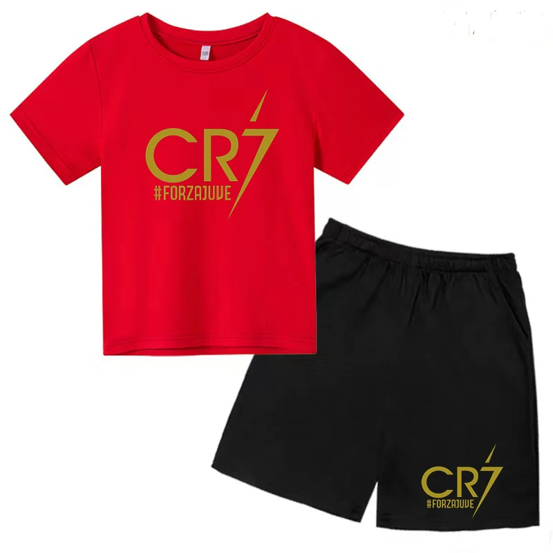

Boys and girls summer short sleeved T-shirt set with printed CR7 letters 2-12 years old fashionable casual sports pullover two-p