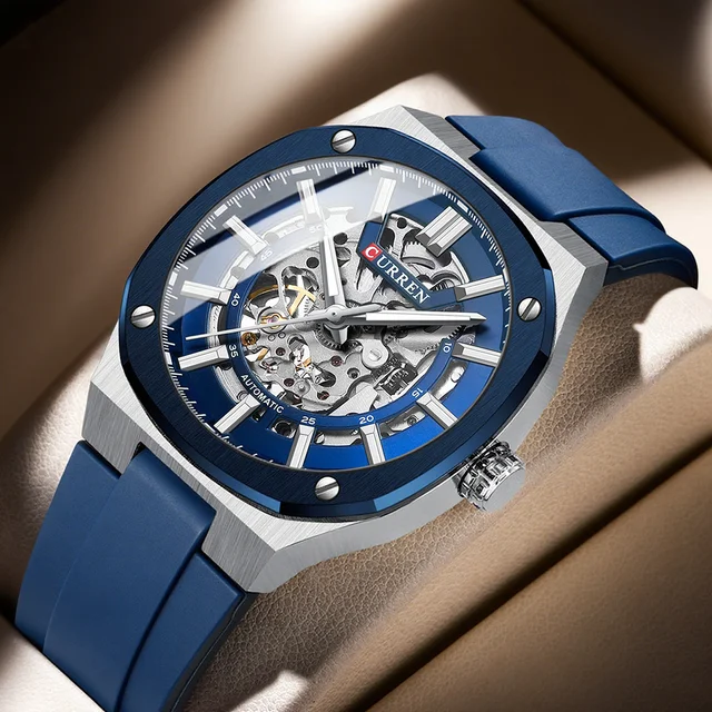 CURREN Casual Sports Style Men's Skeleton Dial Self-Winding Mechanical Movement Sporty Silicone Strap with Luminous Hands