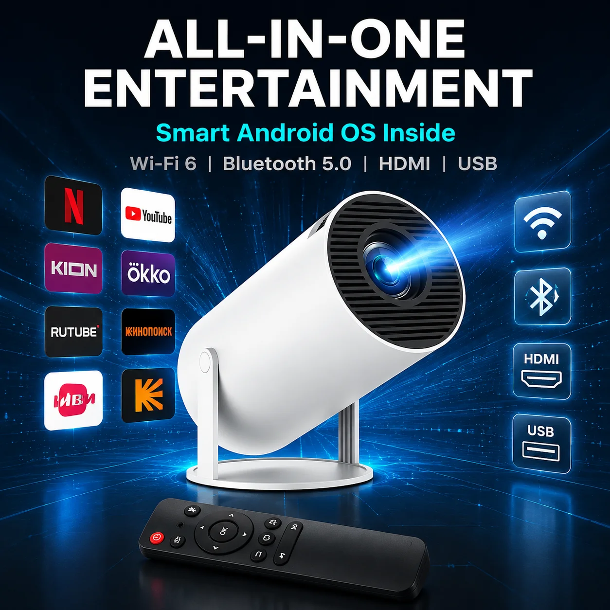 HY300 프로젝터 안드로이드 11 네이티브 720P 4K 지원, 290 ANSI WiFi6 BT5.0 휴대용 야외 홈시네마 게임