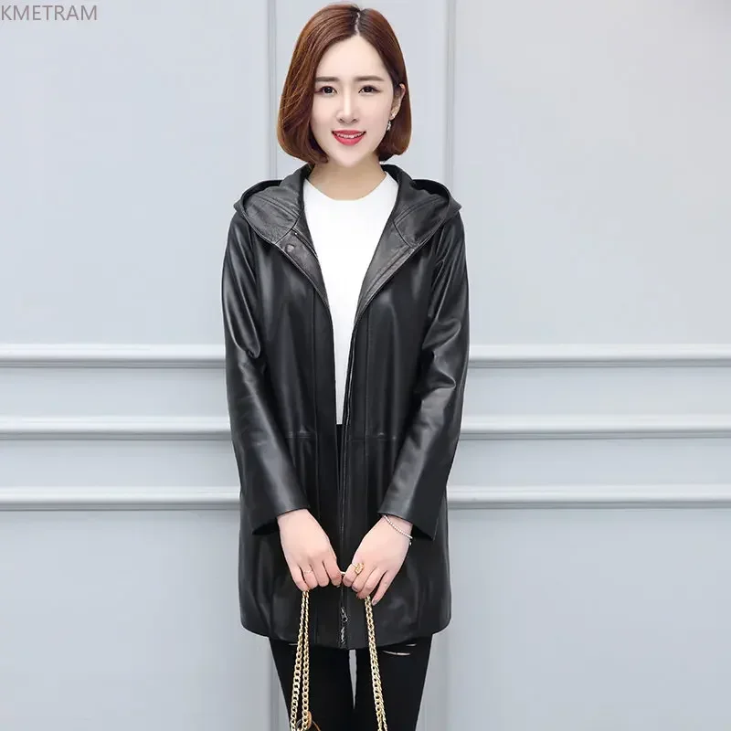 

Genuine Leather Jackets Woman Mid-length Hooded Leather Jacket for Women Real Sheepskin Coat Loose Windbreaker Casaco Feminino