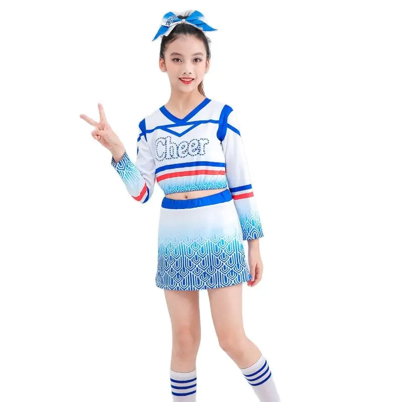 New Girl Boy Cheerleading Uniform Kids Sparkling Rhinestone Printing Long Sleeve Cheer Dance Open Navel Show Costume With Sock