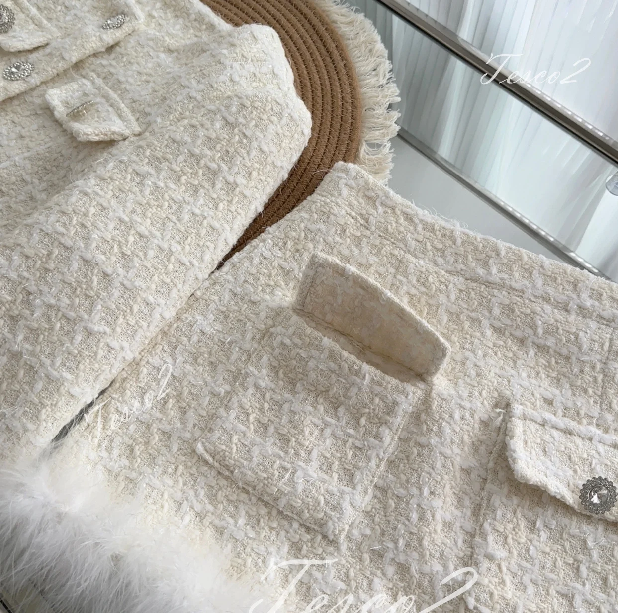Tesco White Women Skirt Sets Short Blazer And Skirt With Feather Chic Tweed Women Suit Sets For Party For Women 2024 Spring