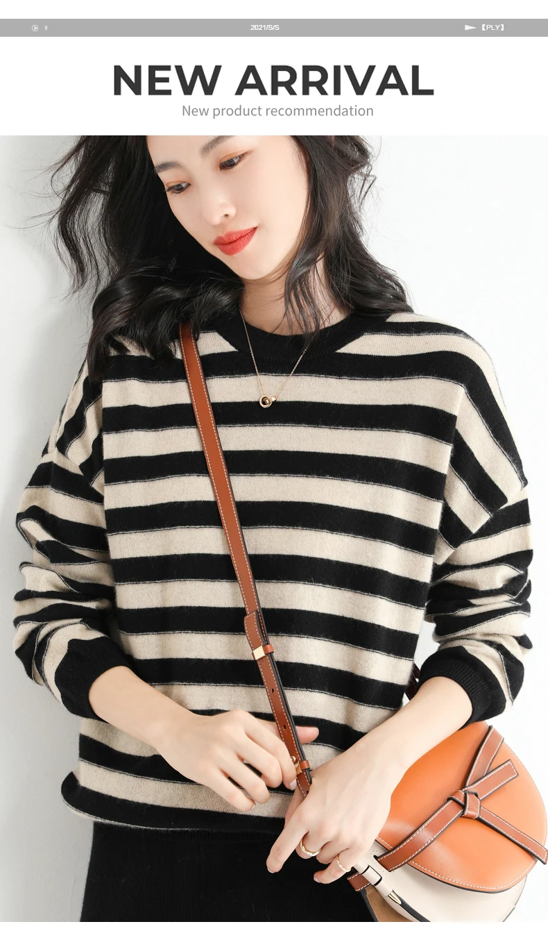 Autumn and Winter Women Cashmere Wool Blended Sweater Classic O-neck Striped Pullover Warm Loose Knit Bottoming Coat Ladies black sweater