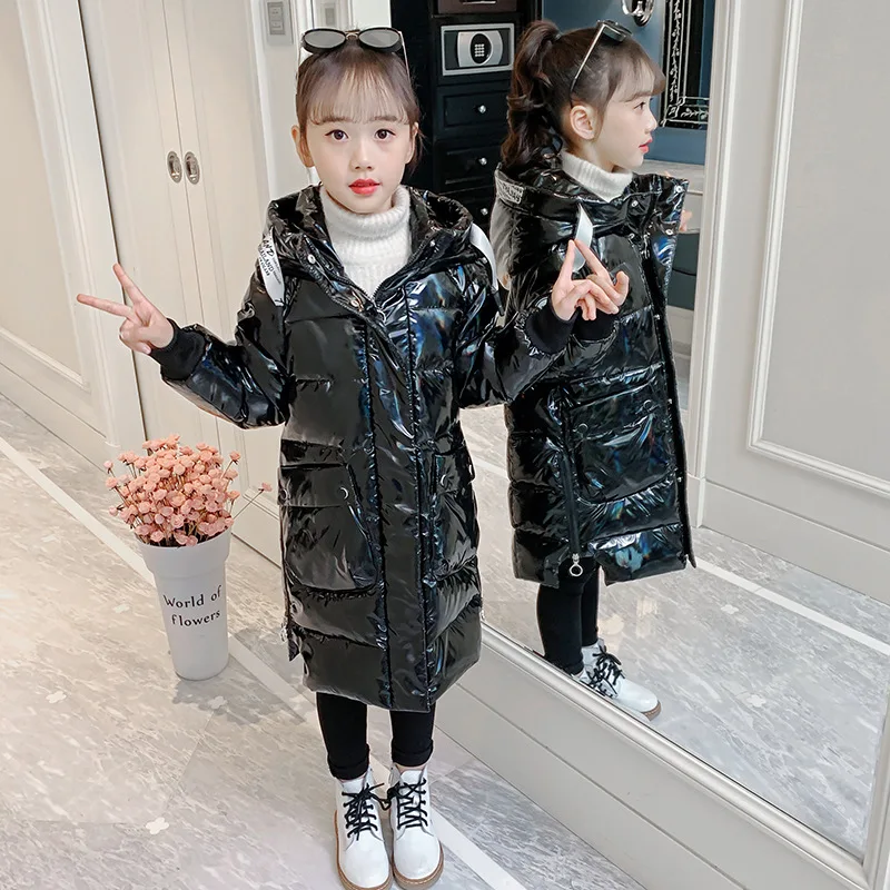Russian Winter Down Cotton Jacket for Girls Waterproof Shiny Warm 5-14Years Teenage Hooded Thicken Coat Kids Parka Snowsuit