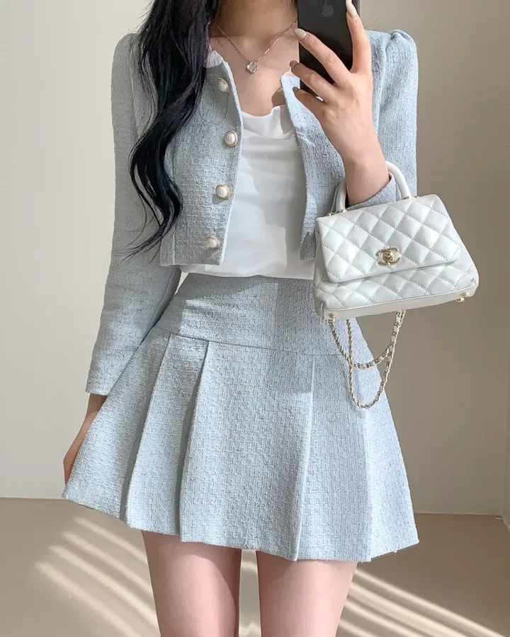 Korean Fashion Elegant Tweed Short Jacket Cropped Coats + High Waist Mini Skirts Suits Autumn New Slim Women Two-Piece Sets